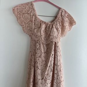 Wayf off the shoulder pink lace dress